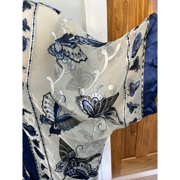 Chicos L/XL Kimono Cardigan Blue White Butterfly Open Front Silk Blend Event - Picture 3 of 5